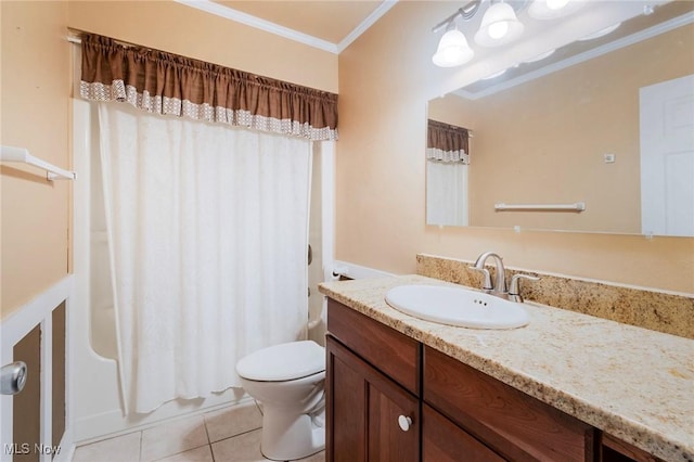 full bathroom with shower / tub combo with curtain, crown molding, tile patterned flooring, vanity, and toilet