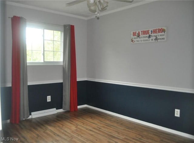 empty room featuring ceiling fan, ornamental molding, and dark hardwood / wood-style flooring