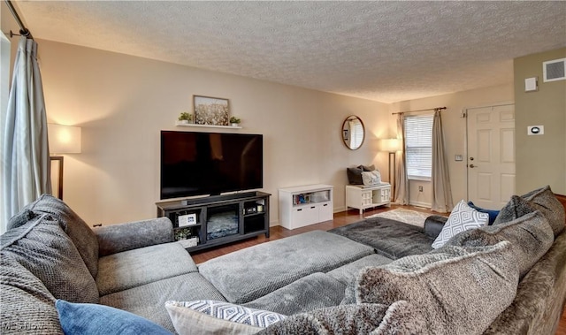 living room featuring dark hardwood / wood-style floors and a textured ceiling