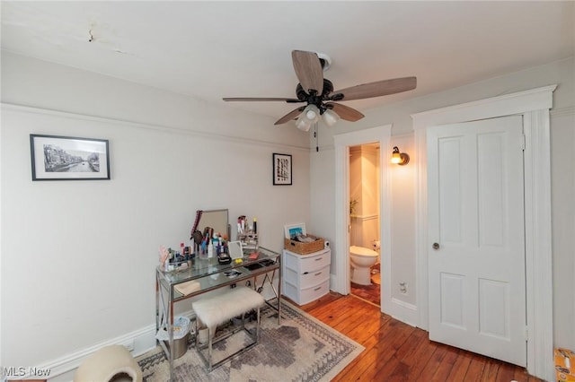 office space with hardwood / wood-style flooring and ceiling fan