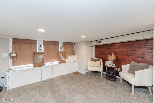 unfurnished room featuring wooden walls and carpet