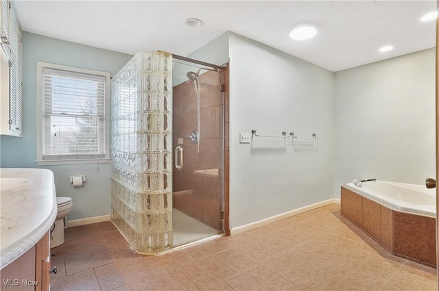 full bathroom featuring toilet, tile patterned floors, vanity, and plus walk in shower