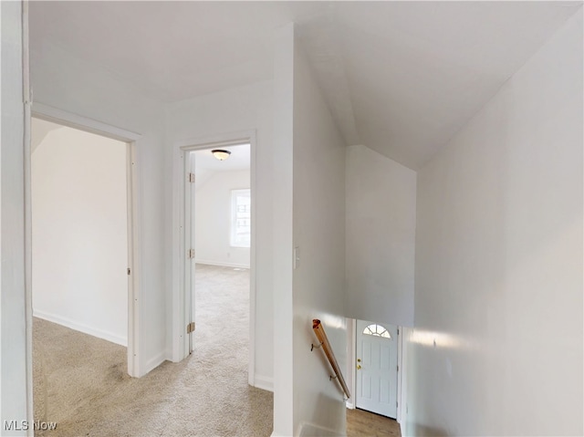 staircase featuring lofted ceiling and carpet flooring