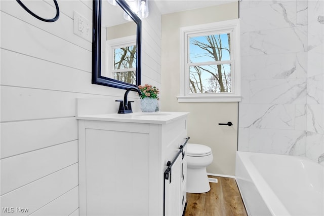 bathroom with vanity, wood-type flooring, and toilet