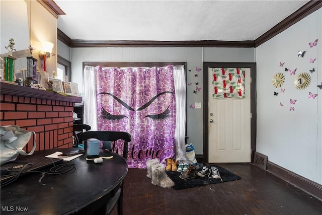 home office featuring hardwood / wood-style flooring and ornamental molding