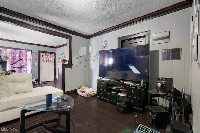 living room with crown molding, a textured ceiling, and dark hardwood / wood-style flooring