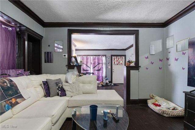 living room with hardwood / wood-style floors, ornamental molding, and a textured ceiling