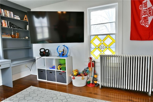 rec room featuring dark hardwood / wood-style flooring and radiator