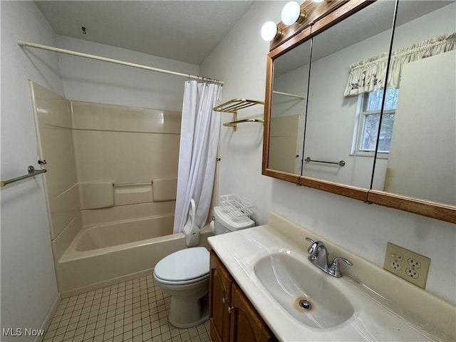 bathroom featuring shower / bath combination with curtain, tile patterned flooring, vanity, and toilet