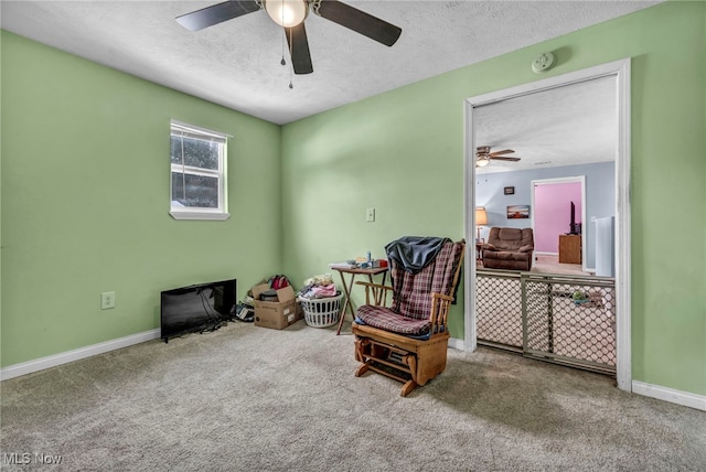 living area featuring a textured ceiling and carpet