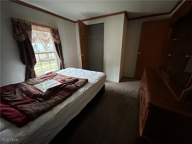 bedroom with ornamental molding, carpet flooring, and a closet