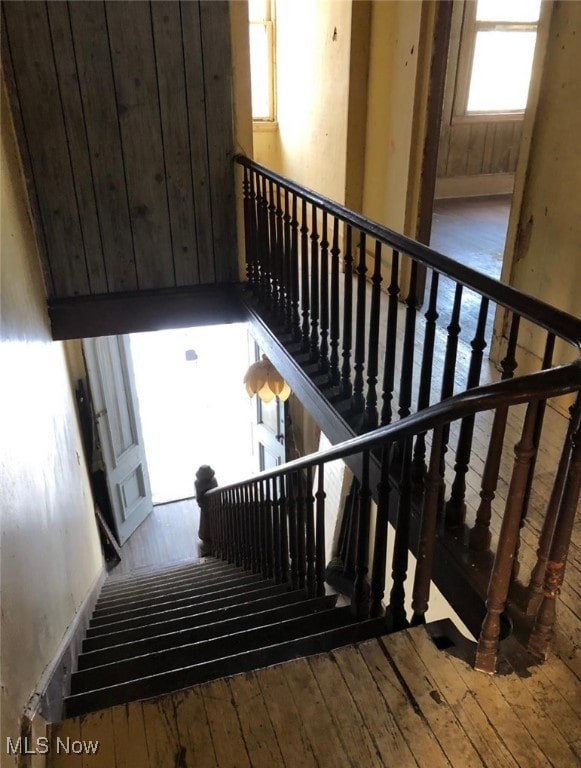 stairway with hardwood / wood-style flooring