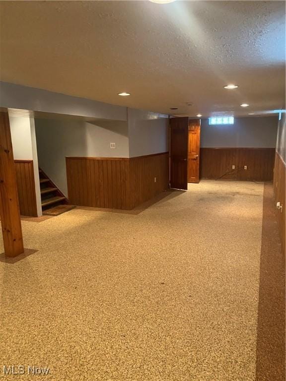 basement with a textured ceiling and wood walls