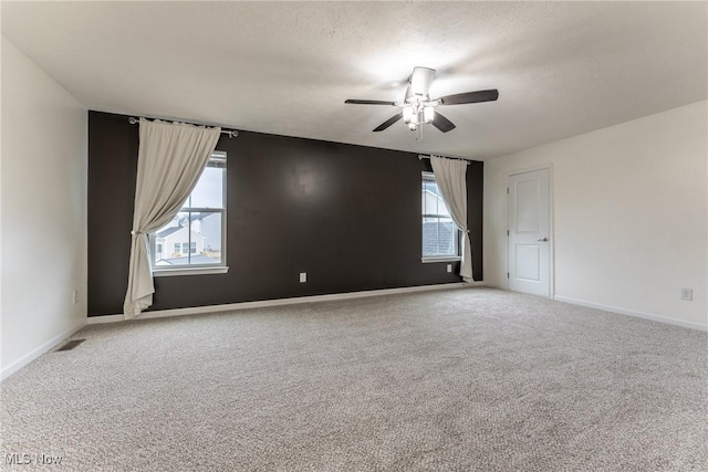 carpeted spare room featuring a wealth of natural light, a textured ceiling, and ceiling fan