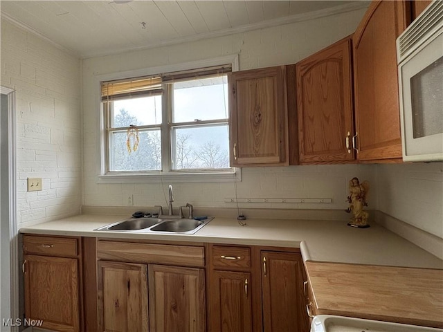 kitchen featuring crown molding, range, sink, and backsplash