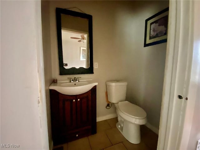 bathroom featuring ceiling fan, tile patterned floors, vanity, and toilet