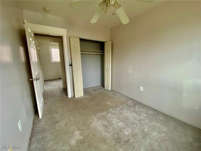 unfurnished bedroom with a closet and ceiling fan