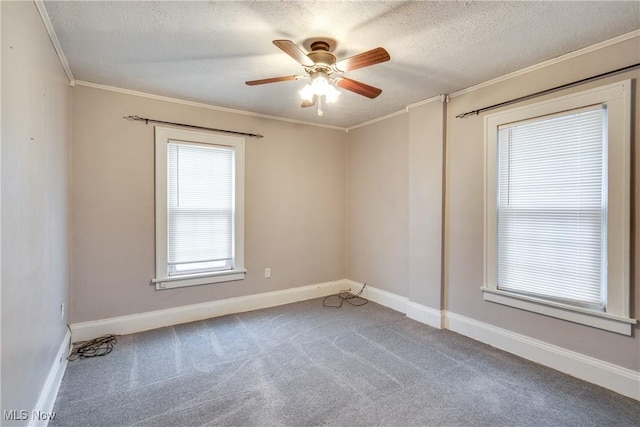 carpeted empty room featuring crown molding, ceiling fan, and a textured ceiling