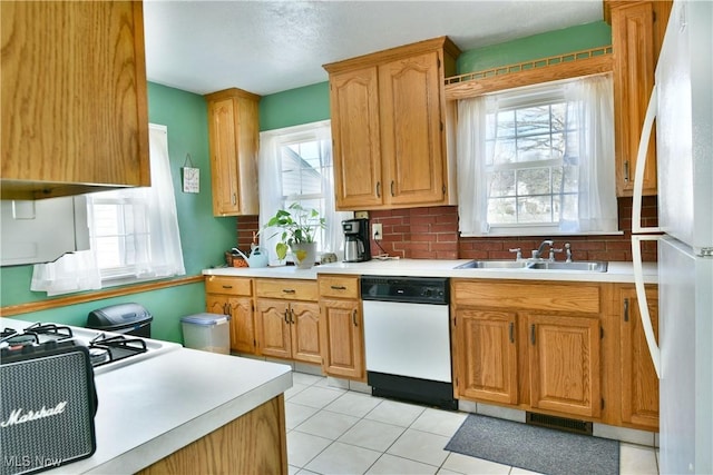 kitchen with a healthy amount of sunlight, white fridge, sink, and stainless steel dishwasher