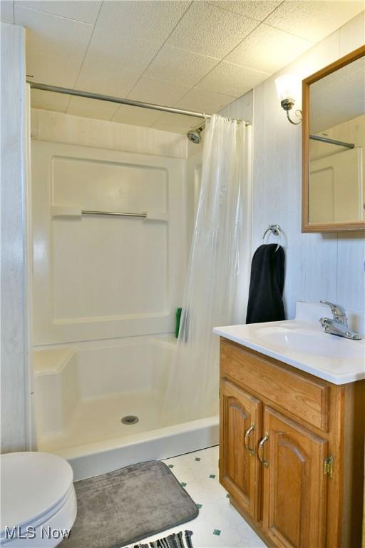 bathroom with vanity, curtained shower, and toilet