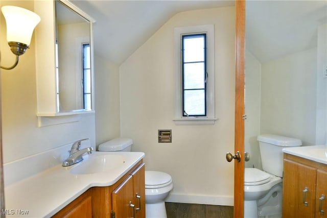 bathroom featuring vanity, vaulted ceiling, wood-type flooring, and toilet