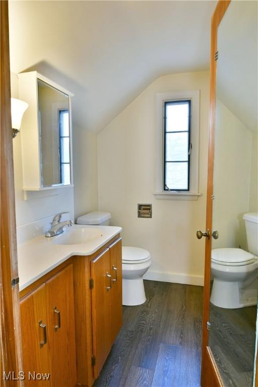 bathroom with lofted ceiling, vanity, wood-type flooring, and toilet