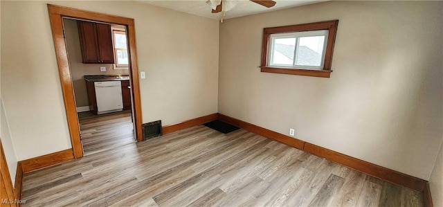 1151 Bedford Ave SW, Canton, OH 44710 - unfurnished room with visible vents, ceiling fan, light wood-style flooring, and baseboards
