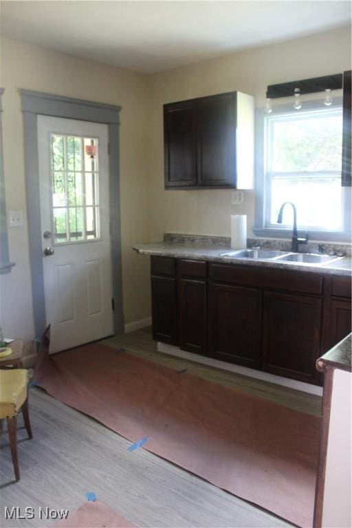 kitchen featuring light hardwood / wood-style flooring, sink, and dark brown cabinets