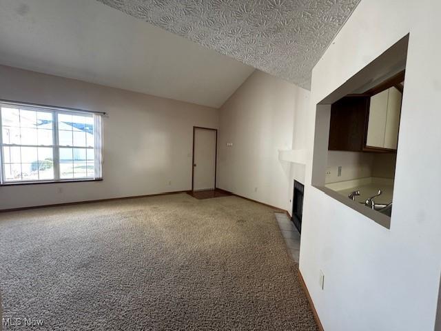 spare room with light carpet, lofted ceiling, and a textured ceiling