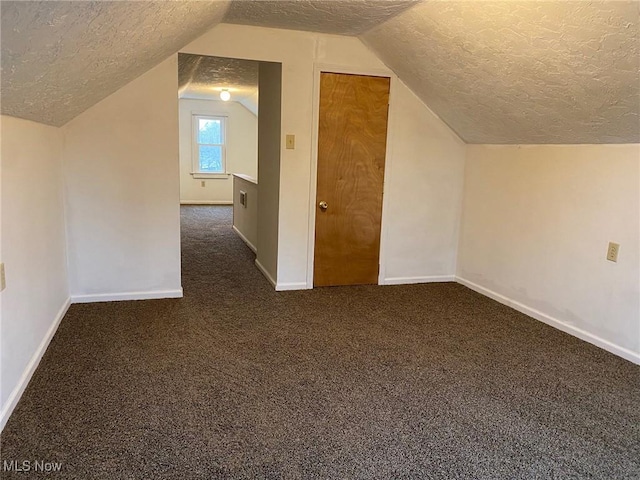 additional living space with dark carpet, a textured ceiling, and lofted ceiling