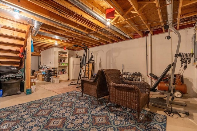 basement with white fridge