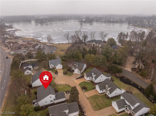 drone / aerial view featuring a water view