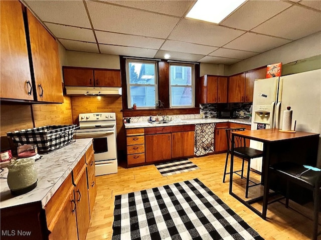 kitchen featuring sink, tasteful backsplash, light wood-type flooring, electric stove, and a drop ceiling