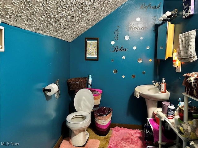 bathroom with lofted ceiling, a textured ceiling, and toilet