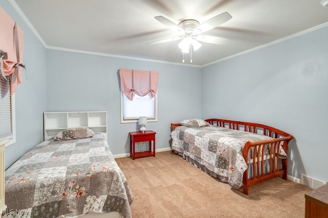 bedroom with ornamental molding, light carpet, and ceiling fan