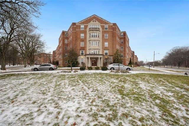 view of snow covered building