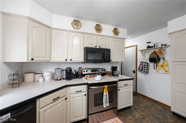 kitchen with a textured ceiling, white cabinets, light countertops, black appliances, and stone finish floor