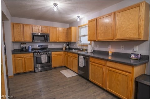 kitchen featuring stainless steel appliances, dark hardwood / wood-style floors, and sink