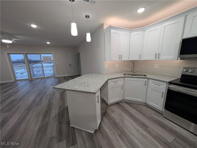 kitchen with white cabinetry, appliances with stainless steel finishes, kitchen peninsula, and sink