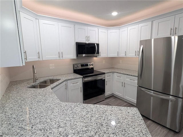 kitchen featuring sink, light stone counters, wood-type flooring, stainless steel appliances, and white cabinets