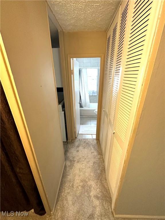 hall featuring light carpet and a textured ceiling