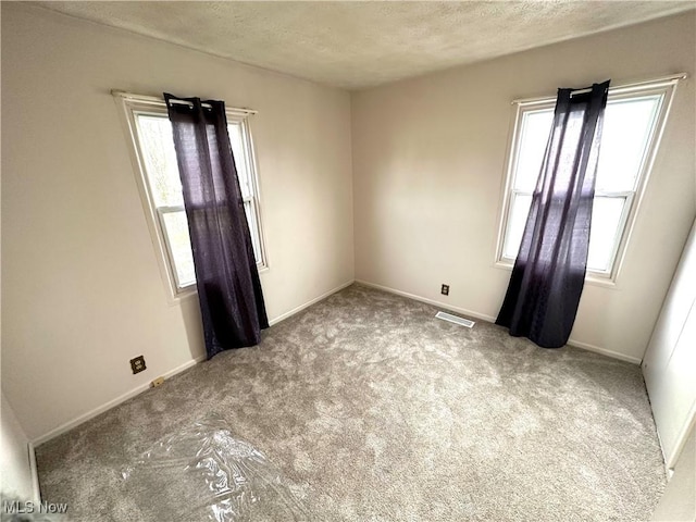 carpeted spare room featuring plenty of natural light and a textured ceiling