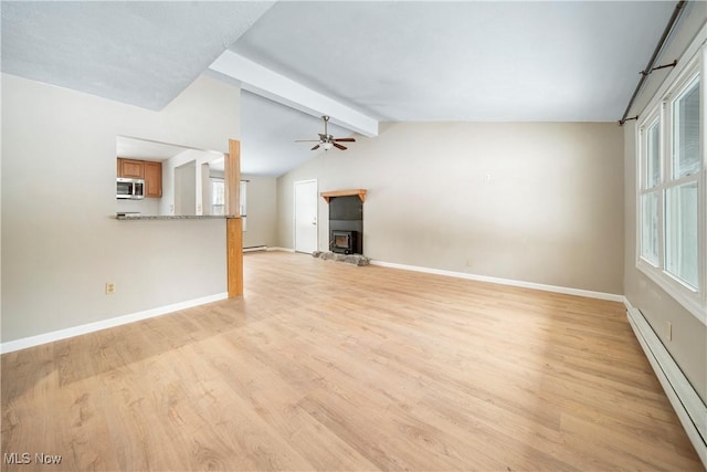 unfurnished living room featuring lofted ceiling with beams, a baseboard heating unit, ceiling fan, and light hardwood / wood-style flooring