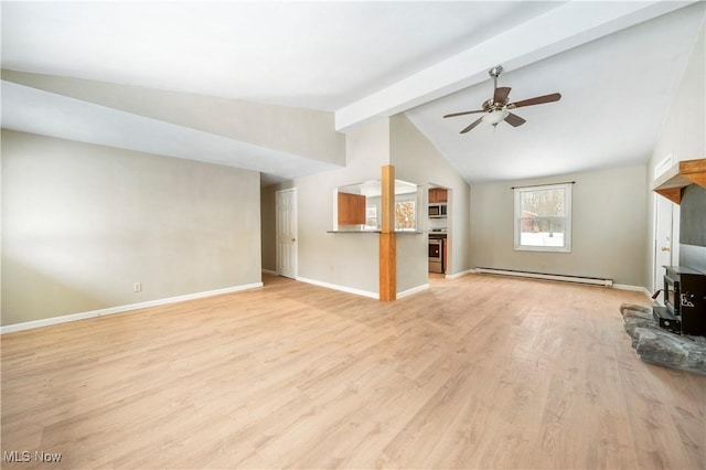 unfurnished living room featuring light hardwood / wood-style flooring, vaulted ceiling with beams, a baseboard radiator, and ceiling fan