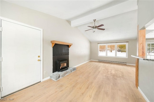 unfurnished living room featuring a wealth of natural light, lofted ceiling with beams, light hardwood / wood-style flooring, and a baseboard heating unit