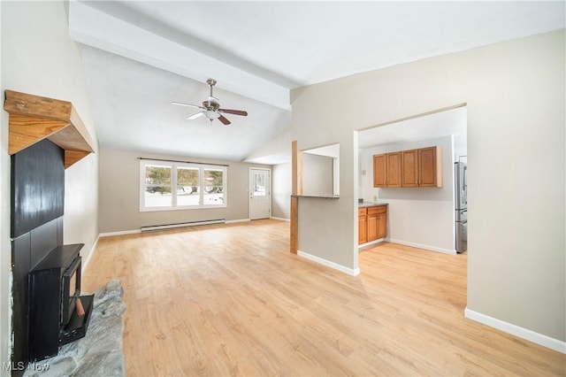 unfurnished living room with vaulted ceiling with beams, a wood stove, ceiling fan, light hardwood / wood-style floors, and a baseboard heating unit