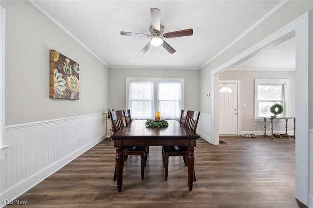 dining room with dark wood-type flooring, a healthy amount of sunlight, and crown molding