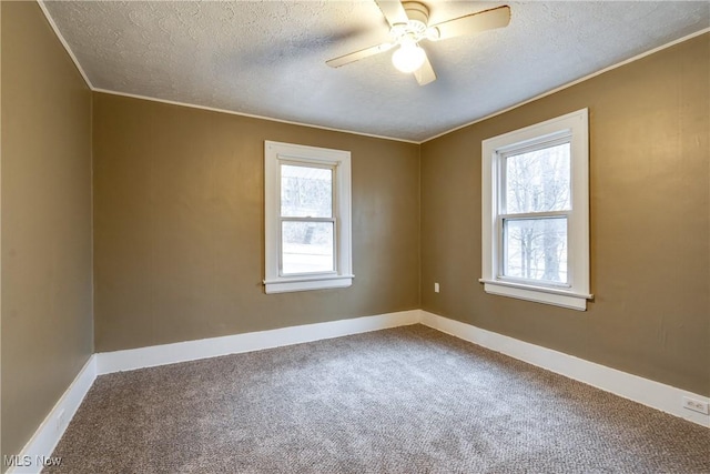 carpeted empty room with ceiling fan, ornamental molding, and a textured ceiling