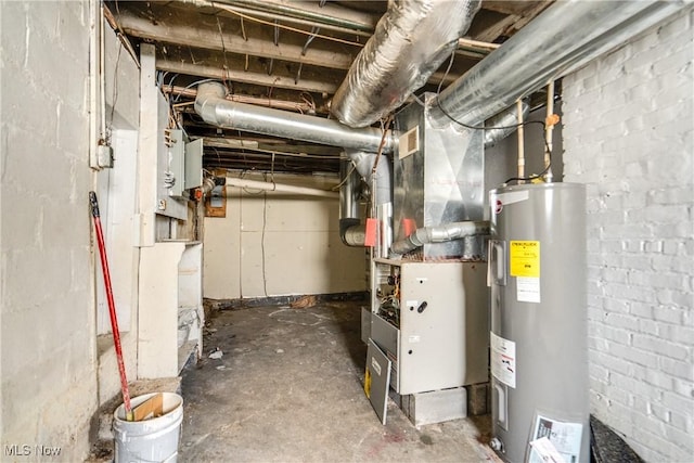 utility room with electric water heater and heating unit