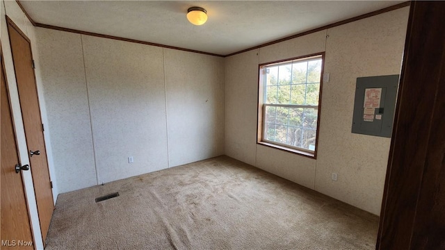 spare room with crown molding, electric panel, and carpet floors